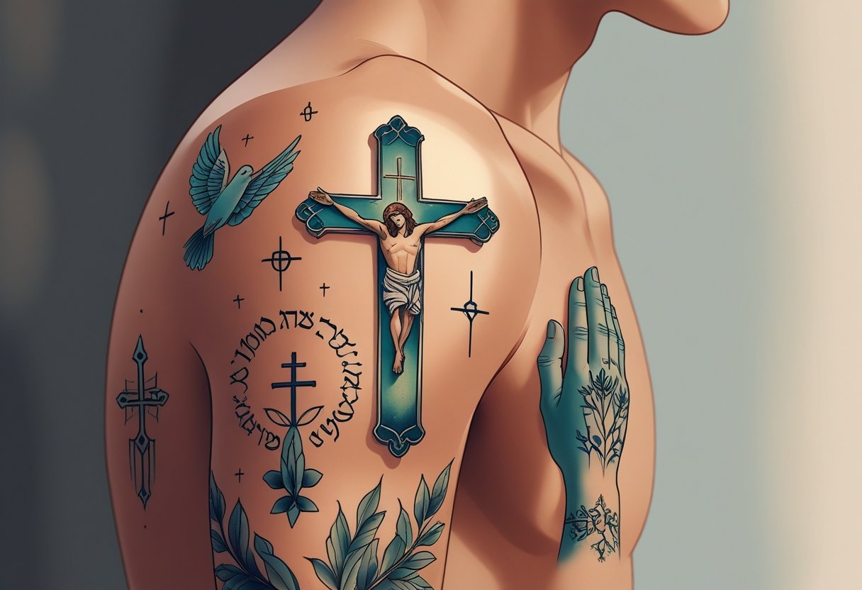Tatuagem Justin Bieber: Significados e Inspirações das Artes no Corpo do Cantor Braço e ombro com tatuagens religiosas detalhadas, incluindo cruz, mãos em oração, pomba e escrita em hebraico.