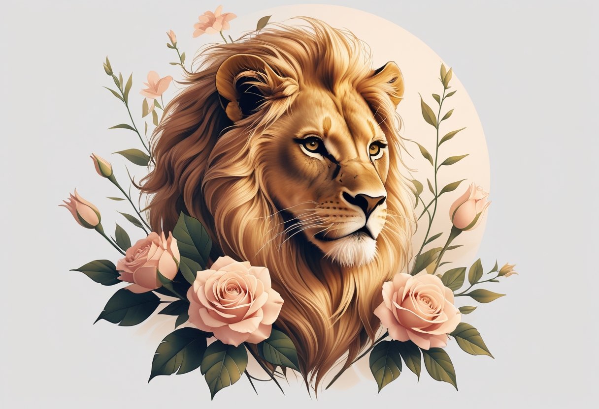 Ilustração de um leão feminino rodeado por flores delicadas, representando força e beleza.