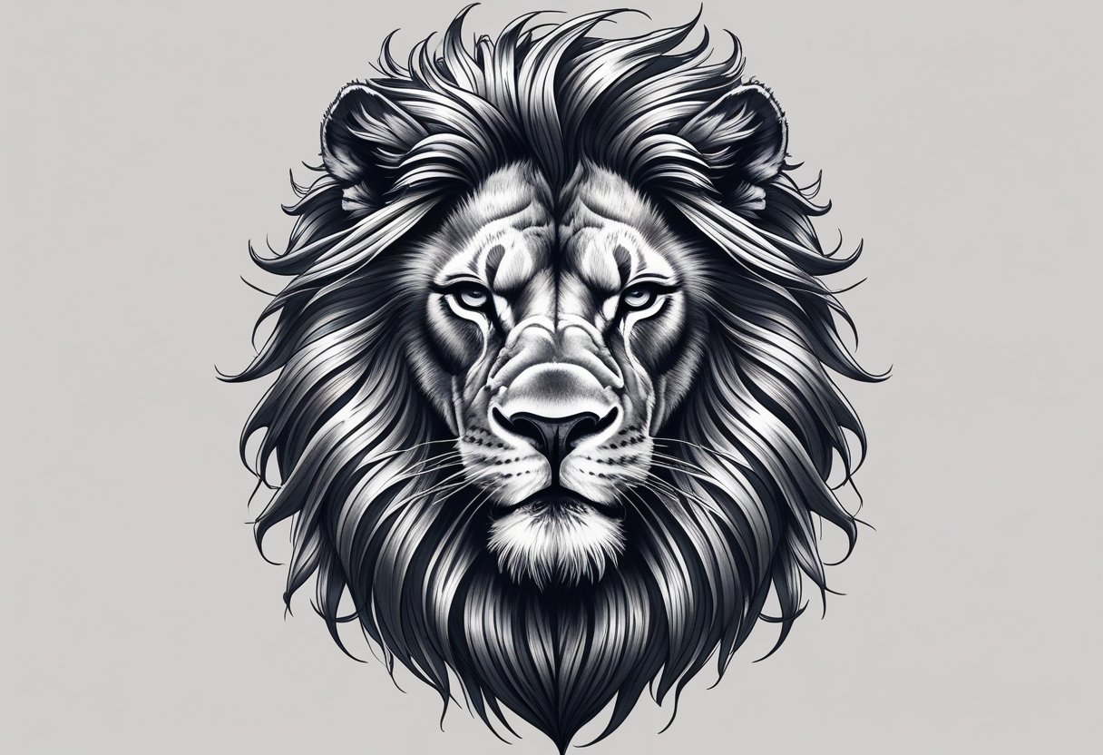 Tatuagem Leão Masculina: Ideias, Significados e Inspirações Ilustração de uma tatuagem masculina de cabeça de leão com olhar intenso e detalhes fortes na juba.
