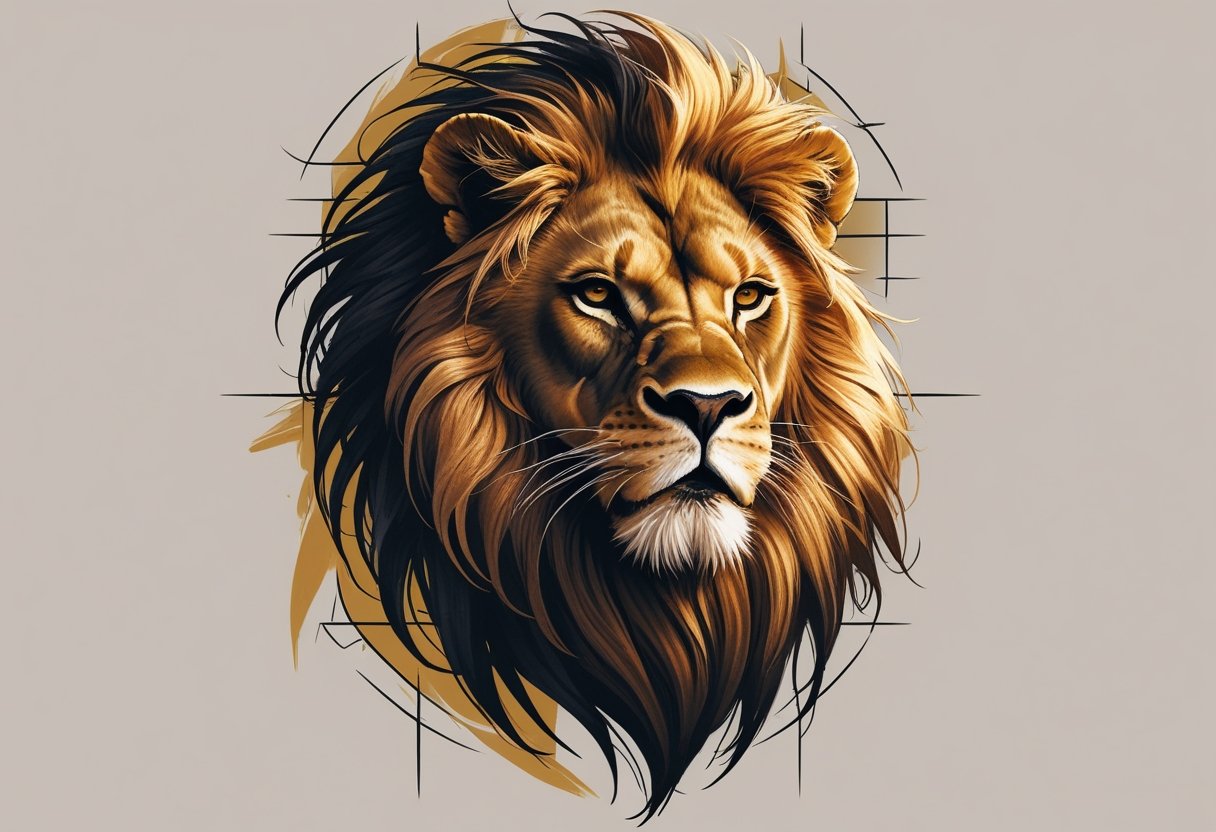 Tatuagem Leão Masculina: Ideias, Significados e Inspirações Ilustração de uma tatuagem masculina de leão, mostrando um leão imponente com uma juba detalhada e expressão confiante, rodeado por padrões geométricos sutis.