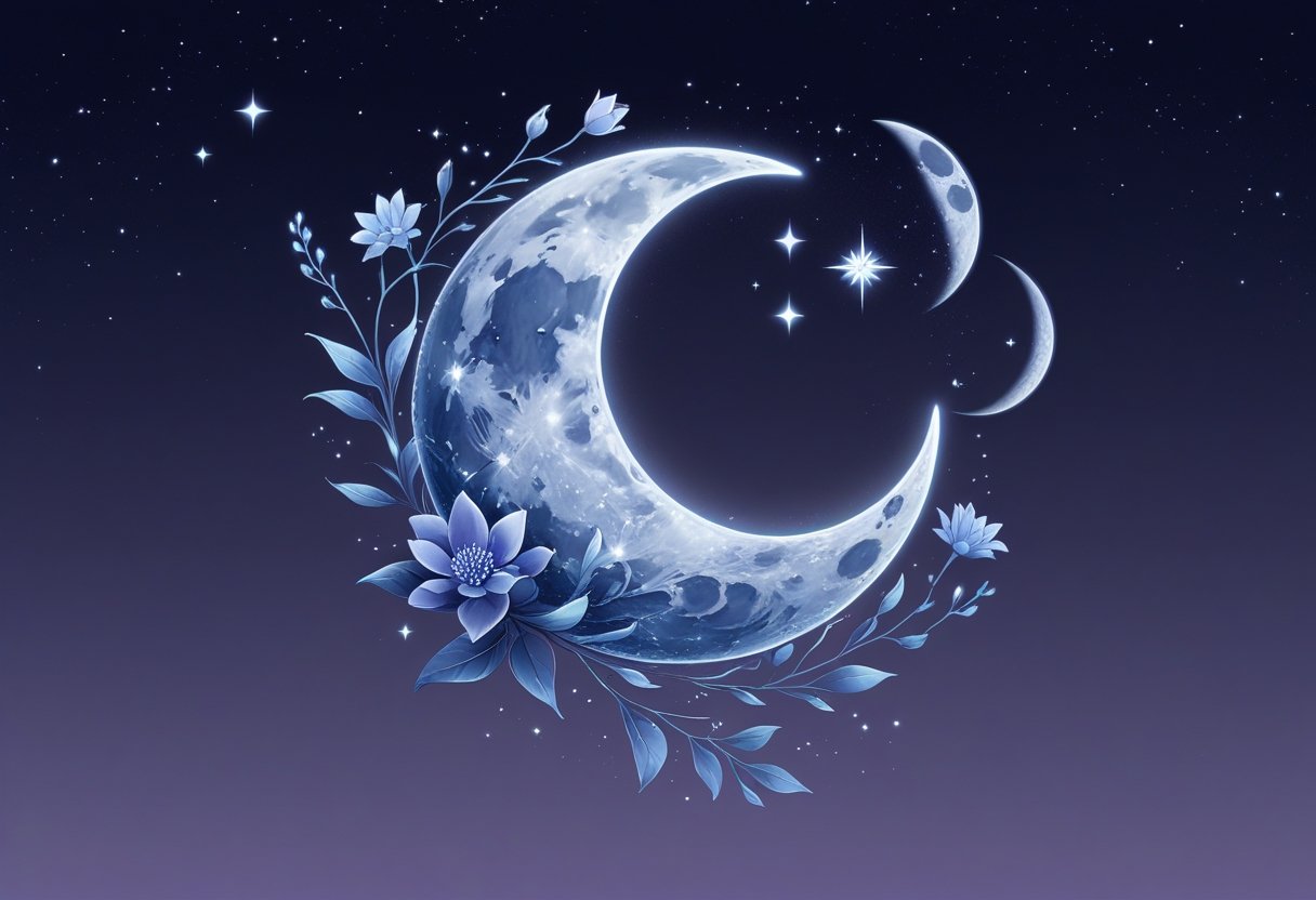 Tatuagem lua: significados, estilos e inspirações para sua próxima arte Ilustração de uma lua crescente brilhante cercada por flores, estrelas e fases da lua em um céu noturno estrelado.