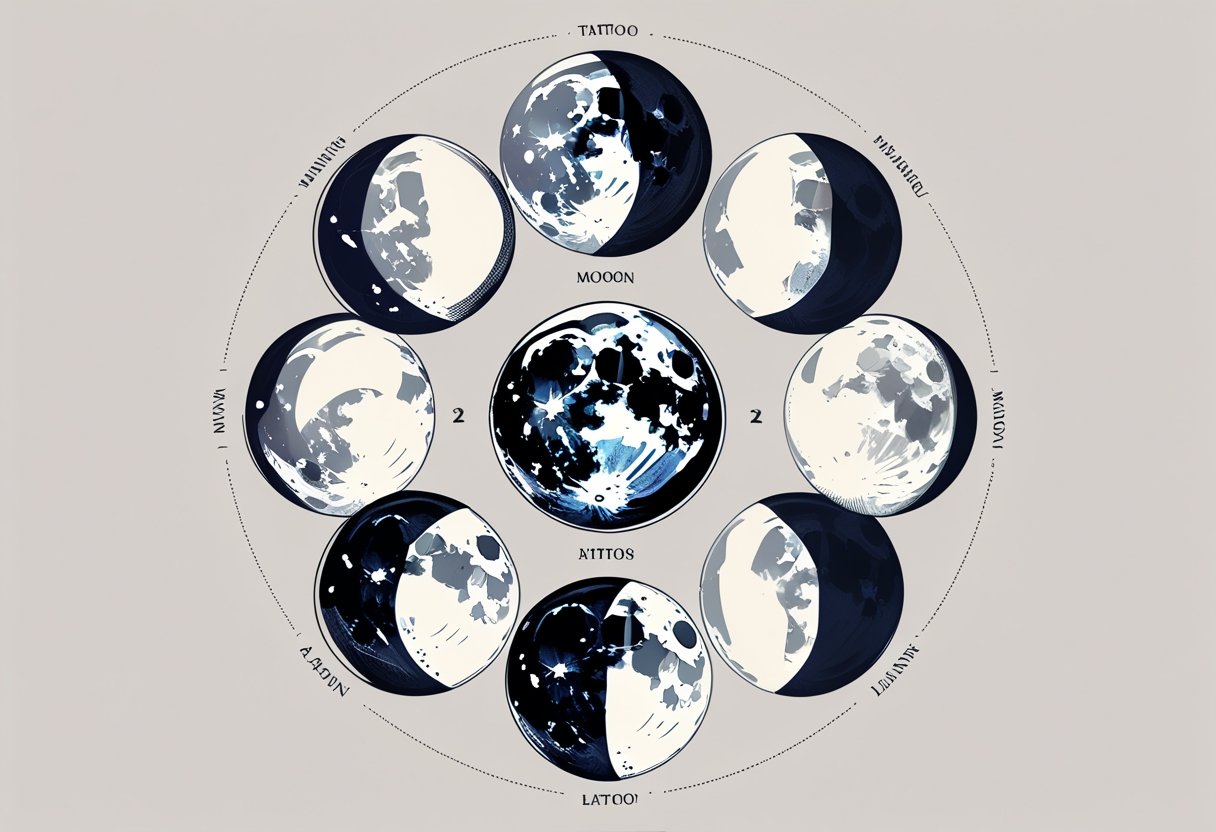 Tatuagem lua: significados, estilos e inspirações para sua próxima arte Ilustração mostrando as fases da lua organizadas em círculo, representando cada fase lunar como um desenho de tatuagem detalhado.