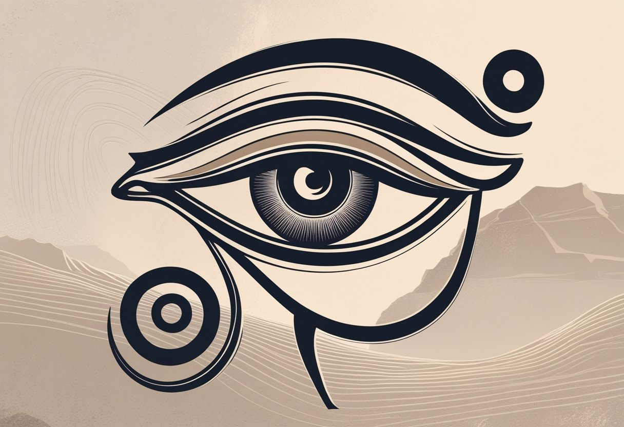 Tatuagem Olho de Horus: Significados, Estilos e Dicas para Fazer a Sua Ilustração detalhada do símbolo do Olho de Hórus, mostrando um olho estilizado com traços e sombras, sobre um fundo com padrões hieroglíficos suaves.