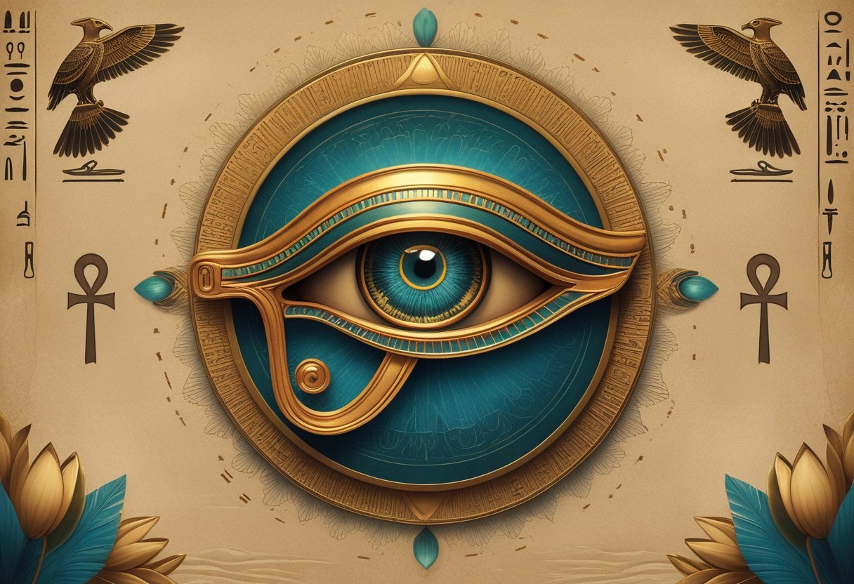 Tatuagem Olho de Horus: Significados, Estilos e Dicas para Fazer a Sua Ilustração do olho de Hórus cercado por símbolos egípcios antigos, com uma figura de Hórus ao fundo.