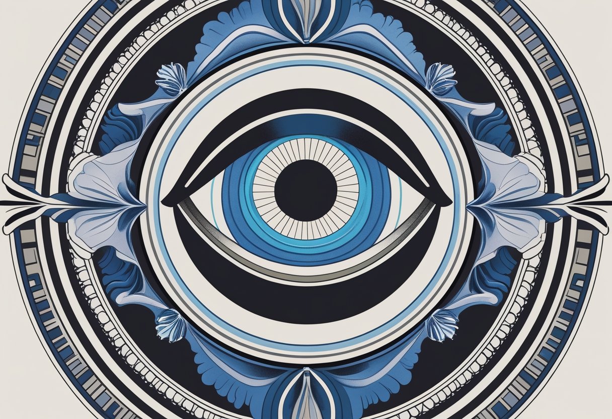 Tatuagem Olho Grego: Significado, Estilos e Inspirações Ilustração de uma tatuagem do olho grego com detalhes em azul e preto, cercada por padrões ornamentais inspirados na arte grega.