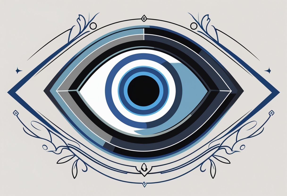 Tatuagem Olho Grego: Significado, Estilos e Inspirações Ilustração de um olho grego estilizado com círculos azuis, brancos e pretos, cercado por padrões ornamentais inspirados na arte grega antiga.