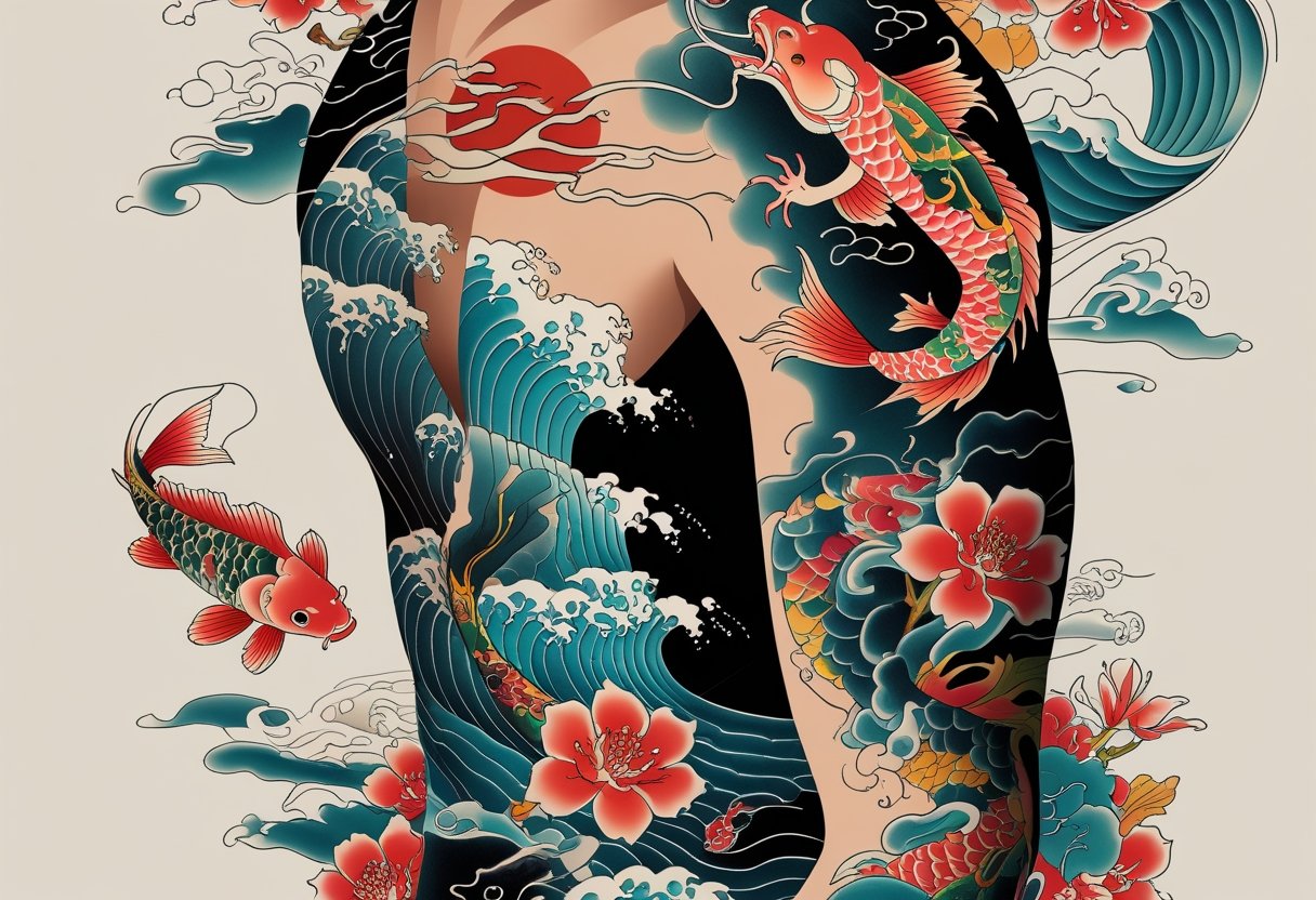 Braço com tatuagens orientais detalhadas, mostrando peixes koi, flores de cerejeira, dragões e ondas.
