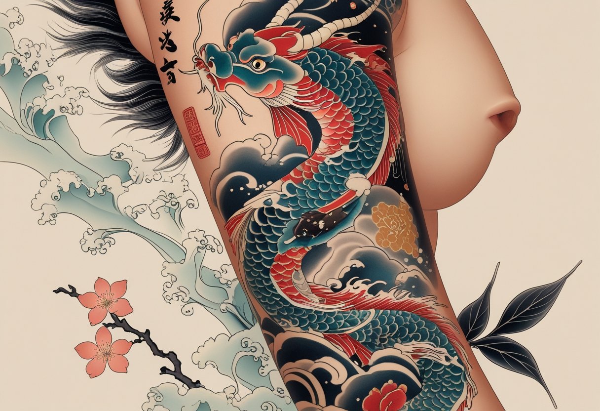Braço humano com várias tatuagens orientais detalhadas, incluindo peixe koi, dragão, flores de cerejeira e ondas, mostrando simbolismos tradicionais.