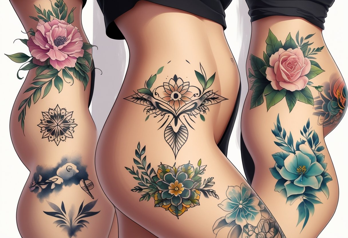 Tatuagem Quadril: Inspirações, Dicas e Cuidados Essenciais Ilustração detalhada mostrando diferentes tatuagens na região do quadril de uma pessoa.
