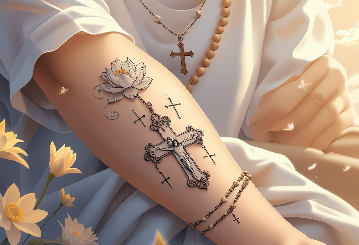 Braço com tatuagens religiosas detalhadas, incluindo cruz, flor de lótus, pomba e terço, com luz suave ao redor.