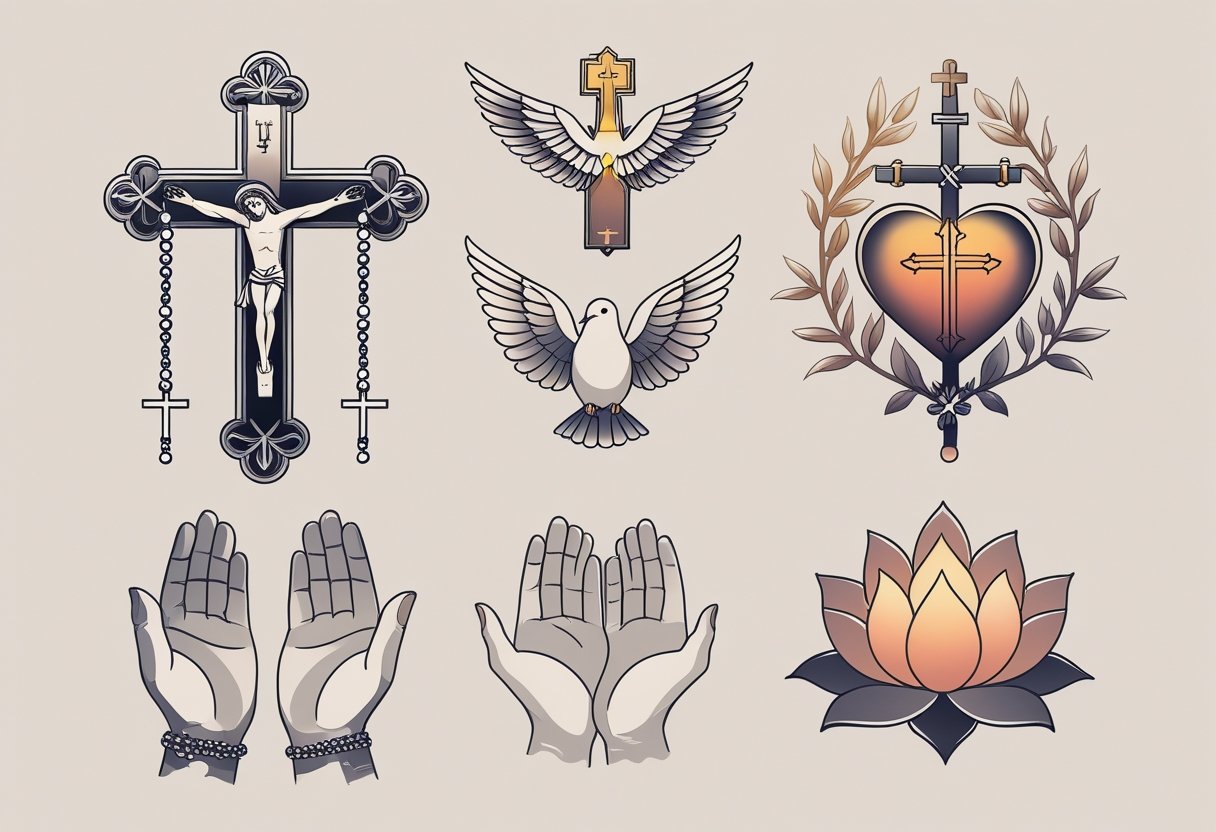 Vários símbolos religiosos usados em tatuagens, incluindo cruz, terço, pomba, coração sagrado, mãos em oração e flor de lótus, dispostos juntos sobre um fundo neutro.