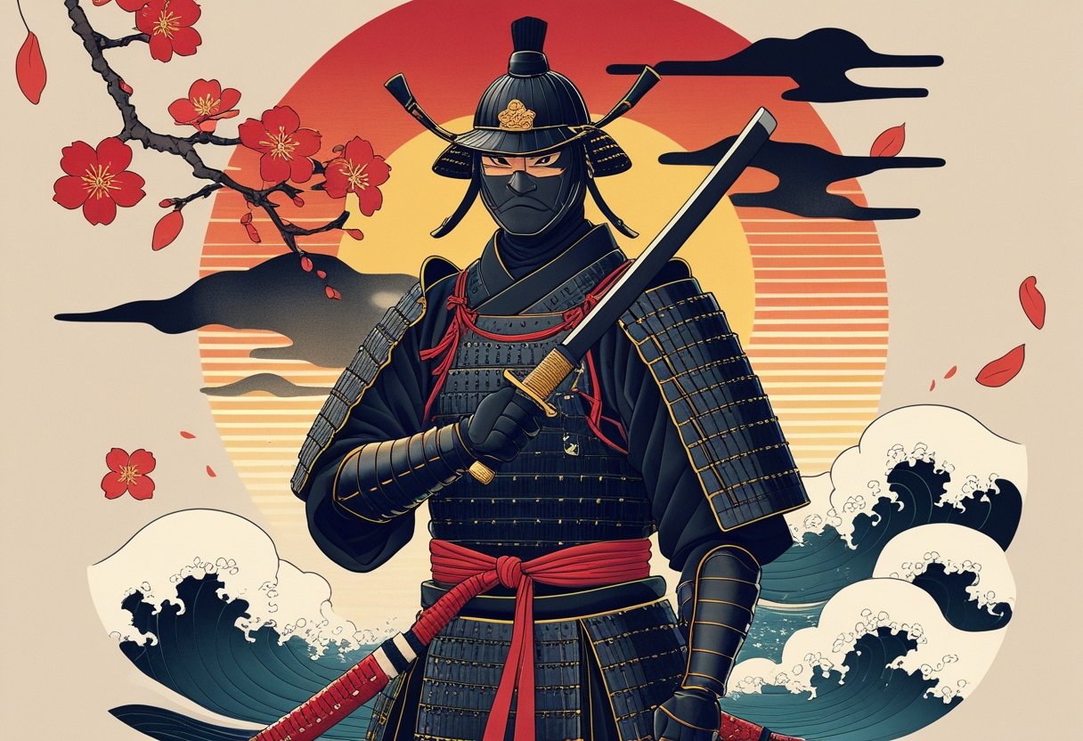 Tatuagem Samurai Significado: Origem, Simbolismo e Inspirações Um guerreiro samurai em armadura tradicional segurando uma katana, com flores de cerejeira caindo ao redor e um sol nascente ao fundo.