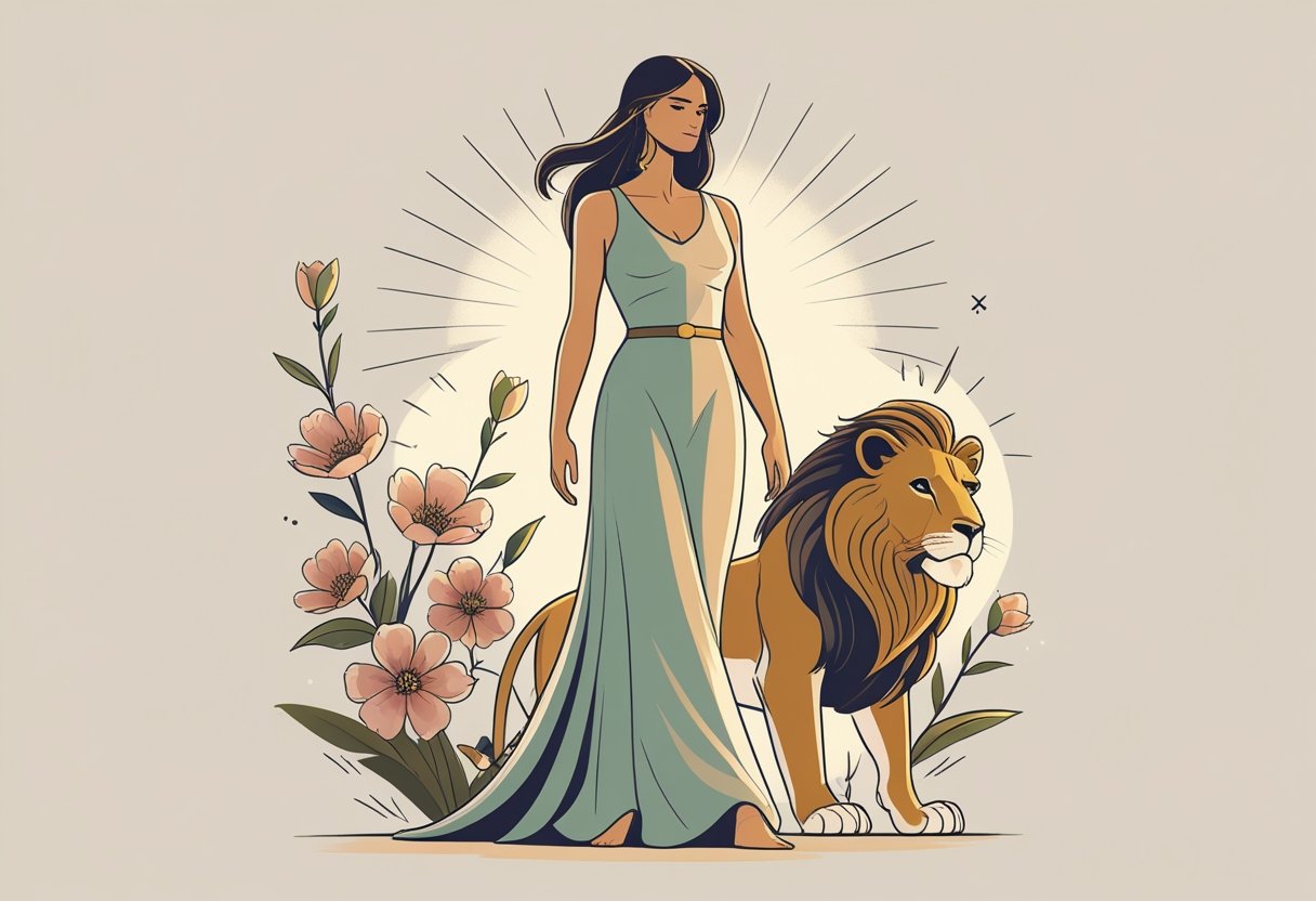 Tatuagem Seja Forte e Corajosa: Inspirações e Significados para Marcar na Pele Figura feminina confiante cercada por elementos simbólicos como uma leoa e flores, representando força e coragem.