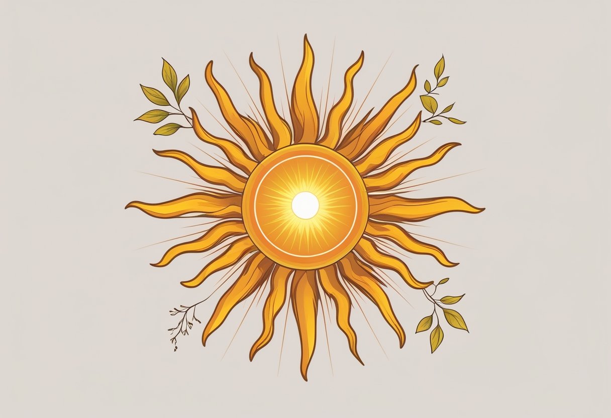 Tatuagem Sol: Significados, Estilos e Inspirações para sua Arte Ilustração de um sol radiante com raios estilizados, cercado por folhas delicadas e luz suave, simbolizando energia, crescimento e renovação.