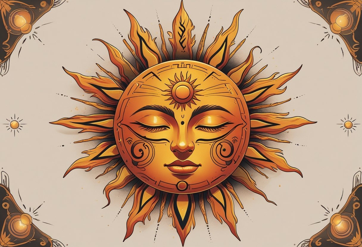 Tatuagem Sol: Significados, Estilos e Inspirações para sua Arte Ilustração de um sol radiante com raios detalhados e símbolos mitológicos ao redor, representando força e energia.