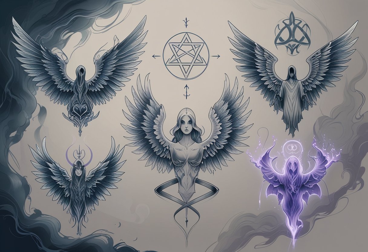 Ilustração mostrando vários desenhos de tatuagens com símbolos sobrenaturais, como pentagrama, asas de anjo, sigilos protetores, figuras fantasmagóricas e runas místicas.