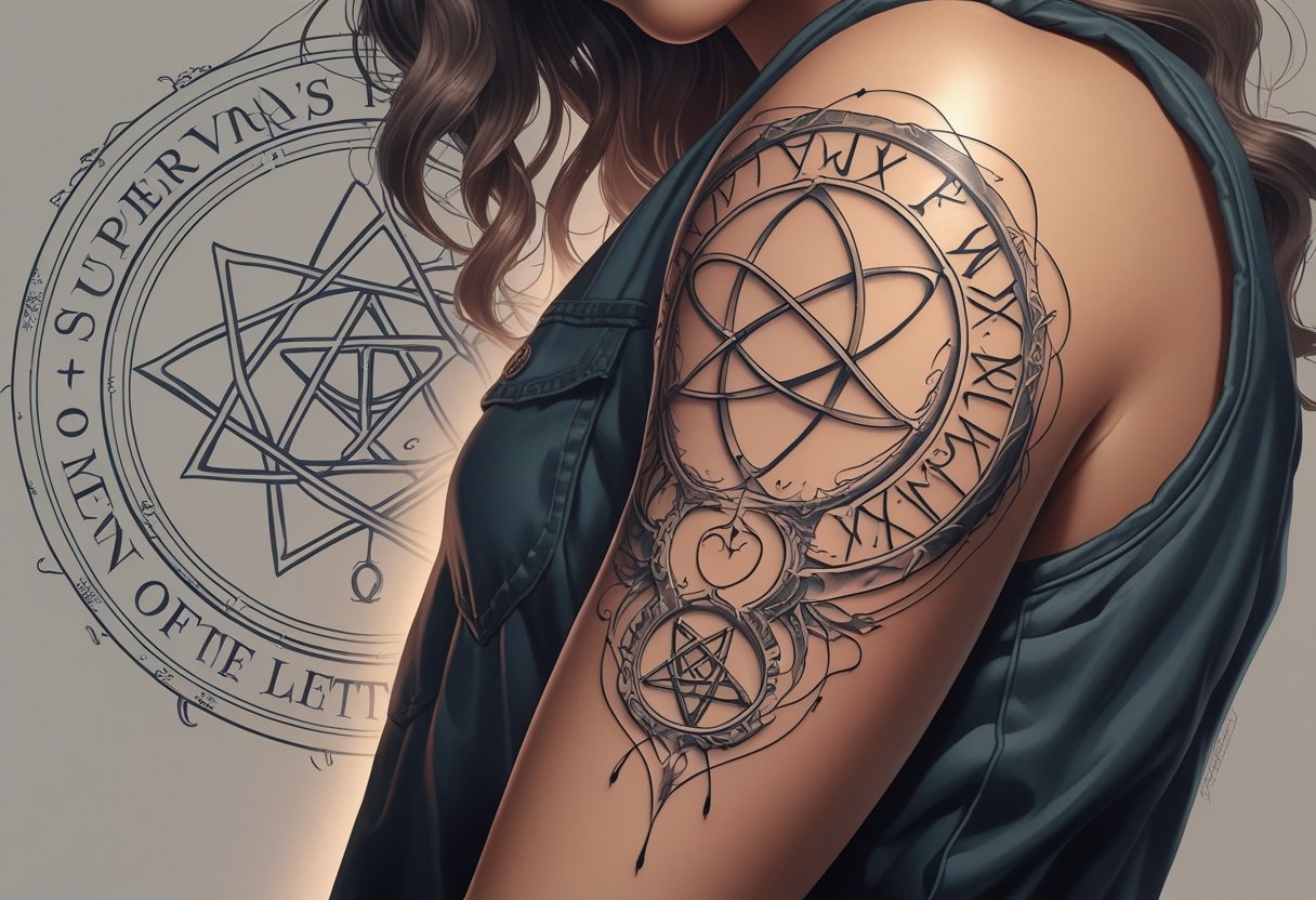 Ilustração de tatuagens dos principais símbolos da série Supernatural em um braço, incluindo o símbolo anti-posse, círculo de armadilha do diabo, pentagrama e emblema dos Homens das Letras.