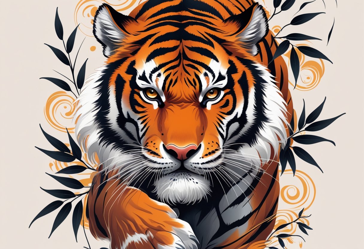 Ilustração de um tigre em pose dinâmica com detalhes precisos e elementos naturais ao redor.