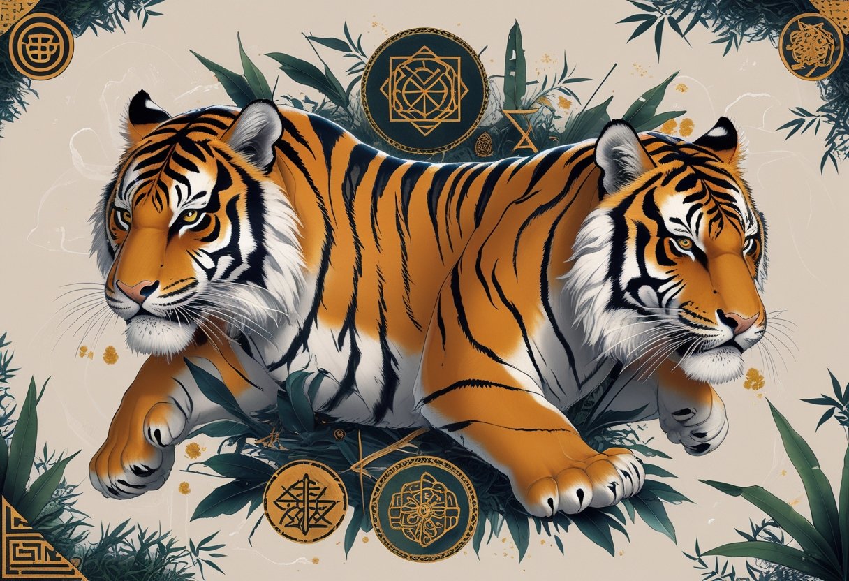 Ilustração de um tigre majestoso cercado por símbolos culturais e elementos naturais que representam mitologias diversas.