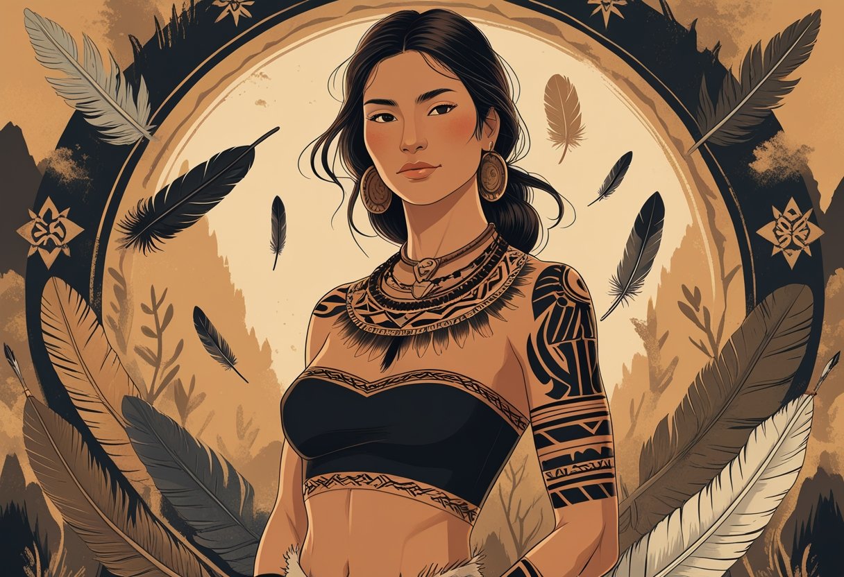 Tatuagem Tribal Feminina: Estilos, Significados e Inspirações Mulher indígena com tatuagens tribais femininas em braços e costas, cercada por elementos da natureza como folhas e penas, em um ambiente natural com árvores e montanhas.