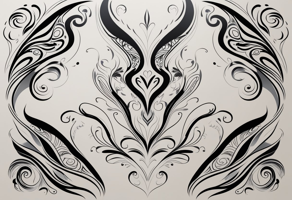 Tatuagem Tribal Feminina: Estilos, Significados e Inspirações Ilustração de um design de tatuagem tribal feminina com padrões pretos elegantes e simétricos em formas curvas no ombro e braço de uma mulher.