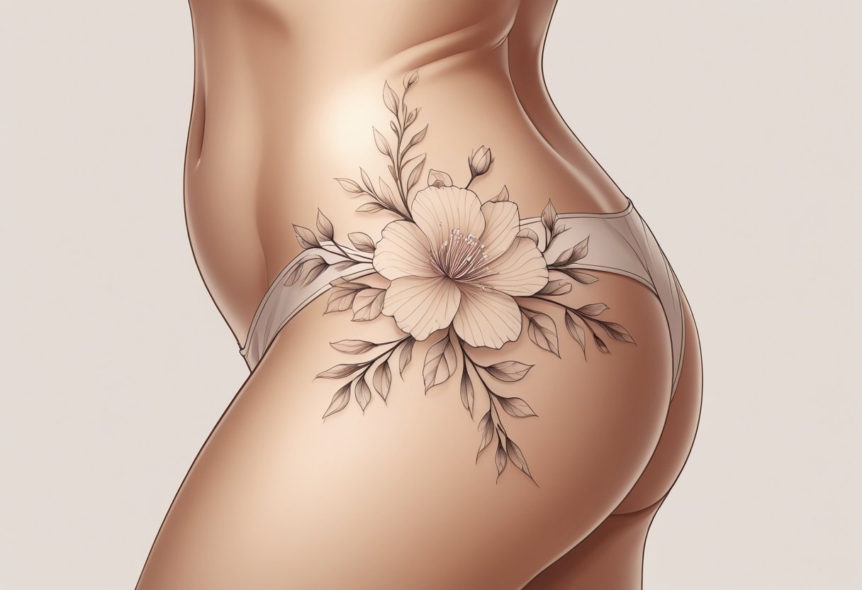 Ilustração de uma área feminina da virilha com uma tatuagem delicada e floral.