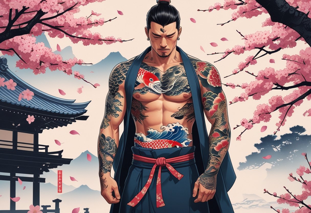 Tatuagem Yakuza: História, Significados e Tradições Japonesas Homem japonês com tatuagens tradicionais da Yakuza em um cenário com templo e flores de cerejeira caindo.