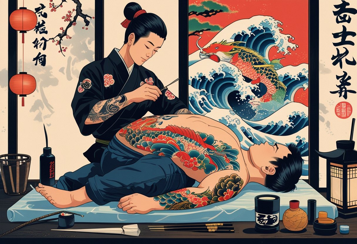 Tatuagem Yakuza: História, Significados e Tradições Japonesas Um artista tatuando um homem com tatuagens tradicionais japonesas em um ambiente típico japonês, mostrando detalhes de peixes koi, dragões e flores de cerejeira.