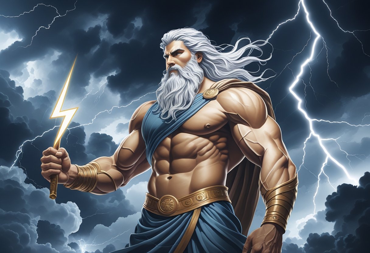 Tatuagem Zeus: Significados, Estilos e Inspirações Zeus segurando um raio com nuvens de tempestade e relâmpagos ao fundo, com expressão poderosa e vestindo uma túnica grega.
