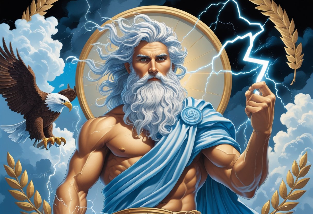 Tatuagem Zeus: Significados, Estilos e Inspirações Zeus segurando um raio, com barba e cabelo branco, rodeado por uma águia, nuvens de tempestade e elementos gregos antigos.