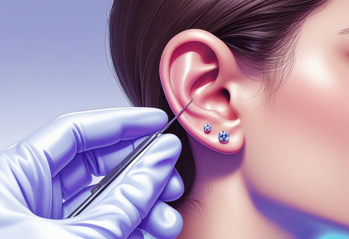 Colocar Piercing Guia Completo de Cuidados e Procedimentos Pessoa recebendo um piercing na orelha, com uma mão usando luva segurando uma agulha perto do lóbulo em um ambiente limpo e profissional.