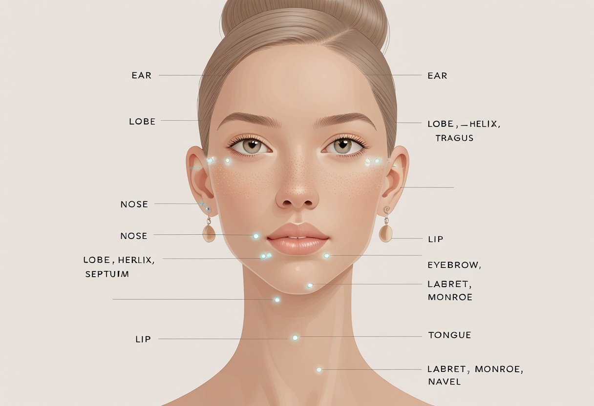 Colocar Piercing Guia Completo de Cuidados e Procedimentos Ilustração de uma pessoa mostrando os locais populares para colocar piercing no corpo, como orelha, nariz, sobrancelha, lábio, língua e umbigo.