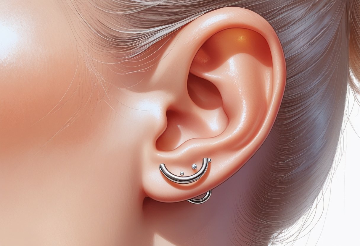 Conch Piercing Guia Completo de Estilo Cuidados e Cicatrização Ilustração detalhada de uma orelha humana com um piercing em argola no local da concha.