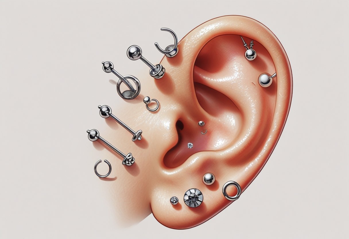 Conch Piercing Guia Completo de Estilo Cuidados e Cicatrização Ilustração detalhada de uma orelha com várias variações de piercing no concha, mostrando diferentes tipos de joias e posições.