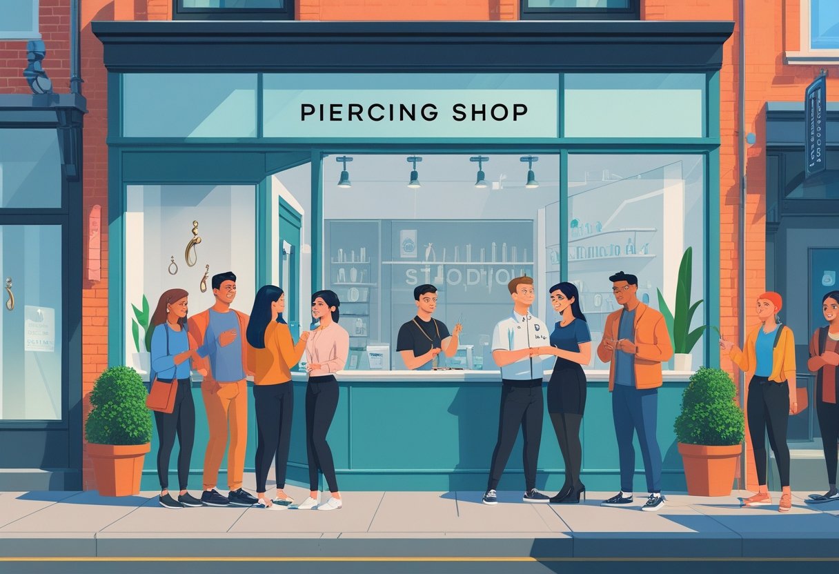 Loja De Piercing Perto De Mim: Onde Encontrar Opções Confiáveis E Seguras Uma rua urbana com uma loja de piercing moderna, pessoas interagindo com um profissional dentro da loja, e detalhes da cidade ao redor.
