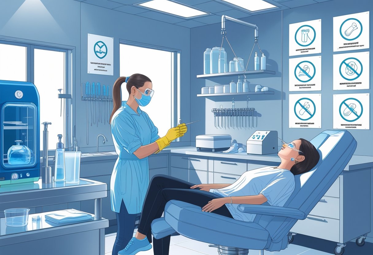 Loja De Piercing Perto De Mim: Onde Encontrar Opções Confiáveis E Seguras Ambiente de loja de piercing mostrando um profissional usando equipamentos de proteção realizando um procedimento em um cliente, com instrumentos esterilizados e ambiente limpo.