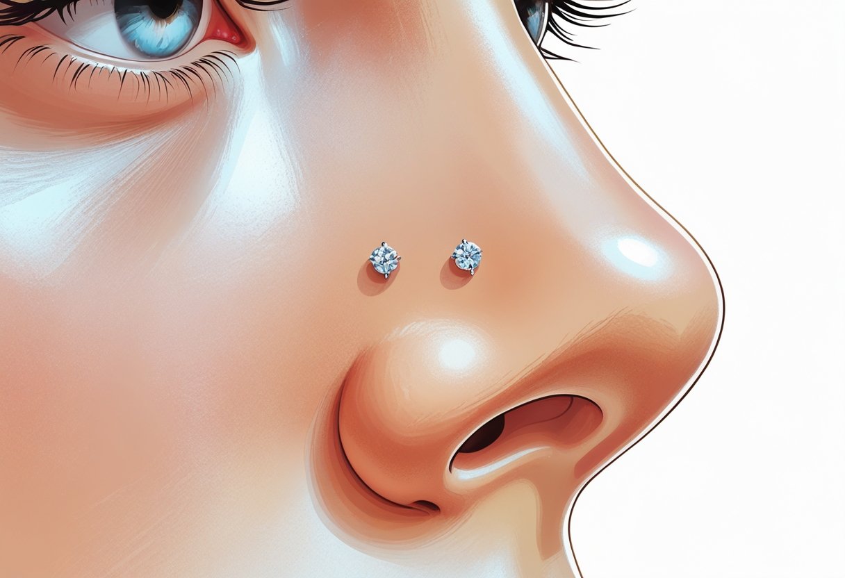 Nostril Piercing Guia Completo de Estilo Cuidados e Tendências Close-up de um nariz humano com um piercing pequeno e elegante na narina.
