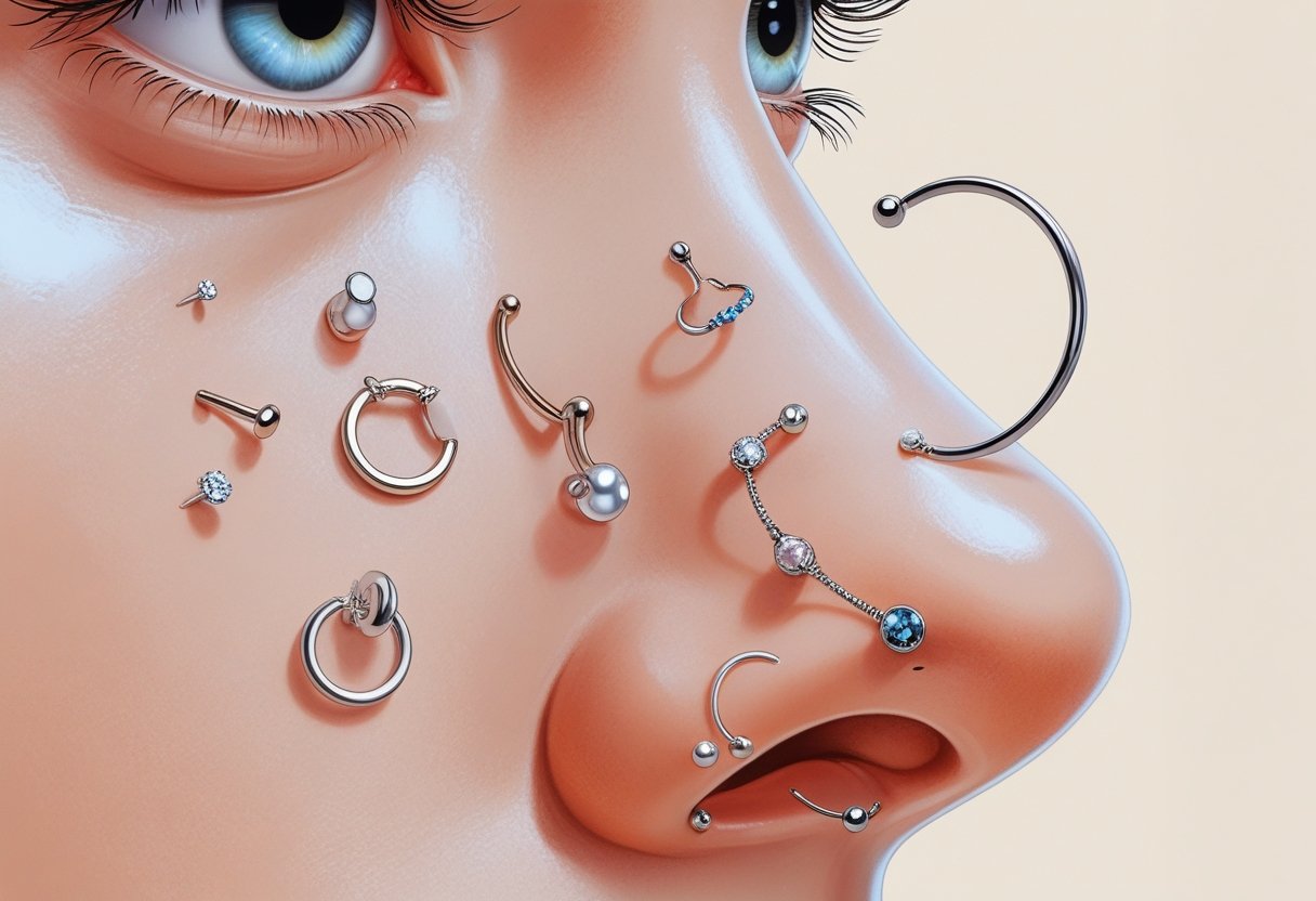 Nostril Piercing Guia Completo de Estilo Cuidados e Tendências Close-up de um nariz humano mostrando diferentes tipos de piercings na narina, incluindo argolas e pequenos pontos de joias.