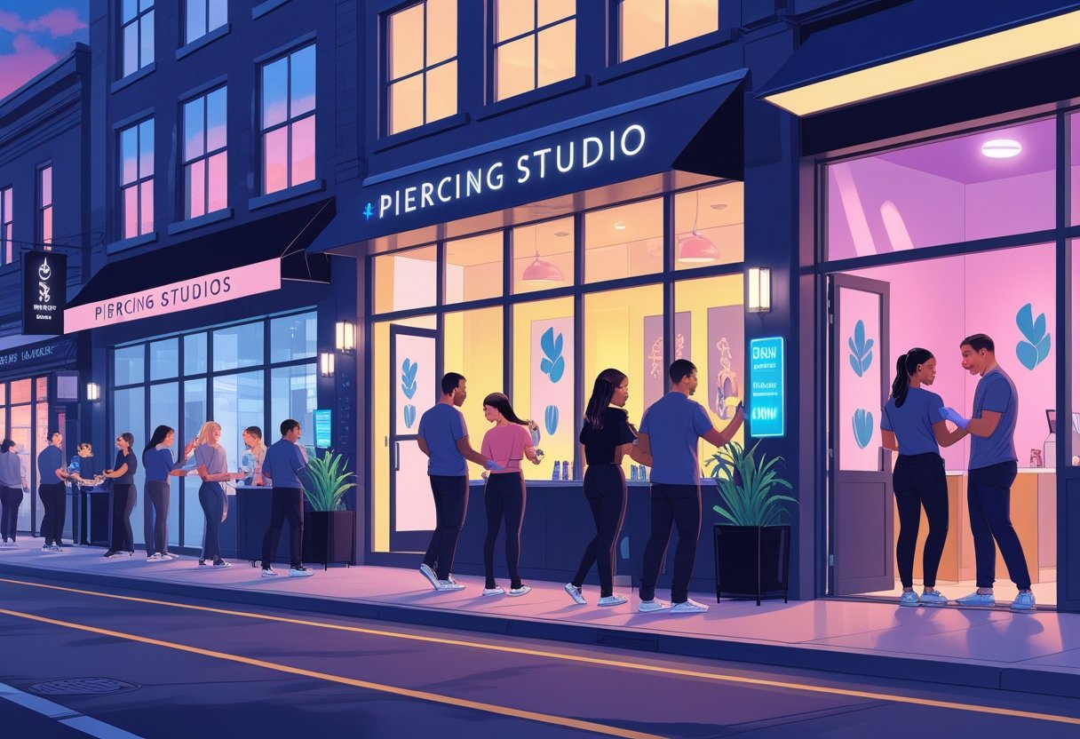 Piercing Abertos Agora: Onde Encontrar Estúdios Confiáveis Hoje Cena de rua urbana ao entardecer com estúdios de piercing abertos e pessoas entrando e saindo, profissionais realizando piercings com equipamentos esterilizados.