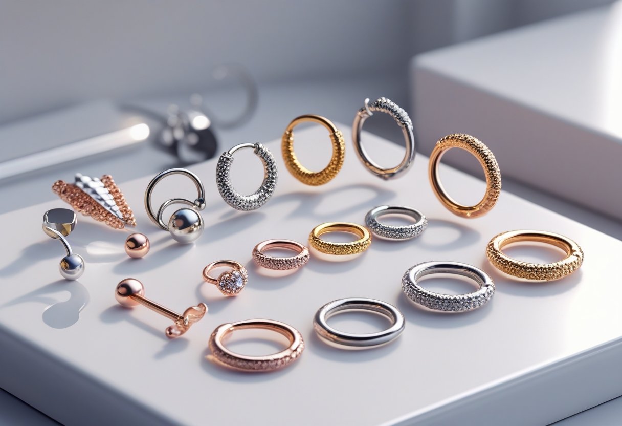 Vários piercings de alta qualidade organizados sobre uma superfície limpa, mostrando diferentes tipos como argolas, studs e anéis em metais brilhantes.