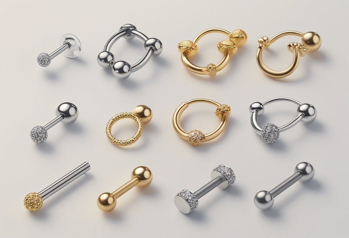 Vários piercings feitos de diferentes materiais recomendados, como aço inoxidável, titânio, ouro e plástico biocompatível, dispostos sobre uma superfície neutra.