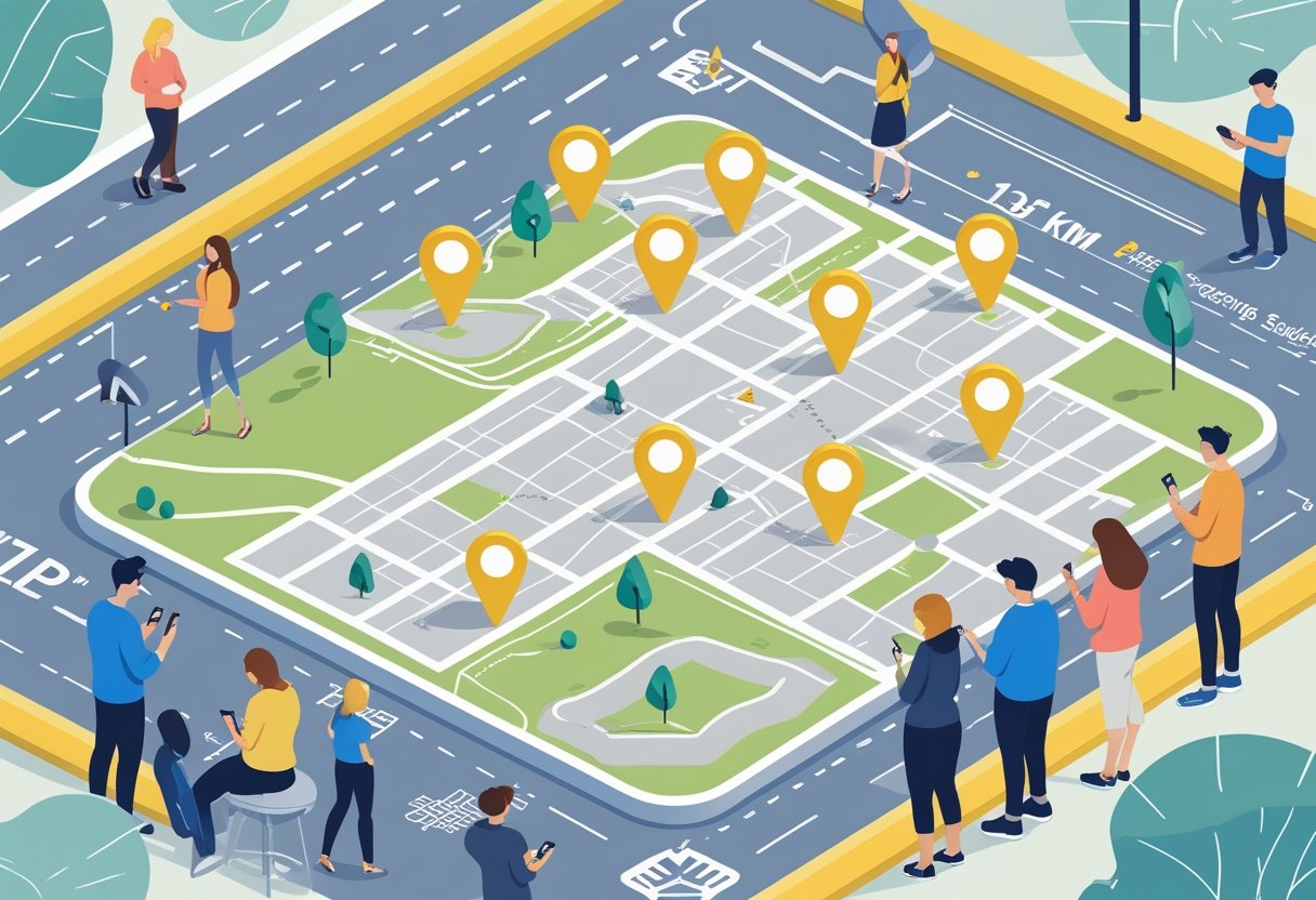 Piercing Dentro de 16 Km: Onde Encontrar Estúdios Seguros e Profissionais Mapa urbano mostrando estúdios de piercing destacados dentro de um raio de 16 km, com pessoas consultando seus celulares e mapas para encontrar locais próximos.