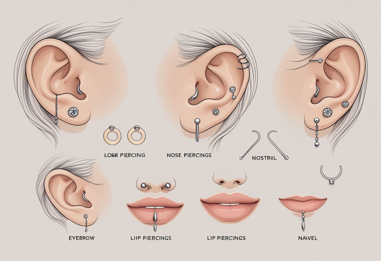 Piercing Dentro de 16 Km: Onde Encontrar Estúdios Seguros e Profissionais Ilustração mostrando diferentes tipos de piercings no corpo humano, destacando locais comuns para piercings como orelha, nariz, lábios, sobrancelha, língua e umbigo.