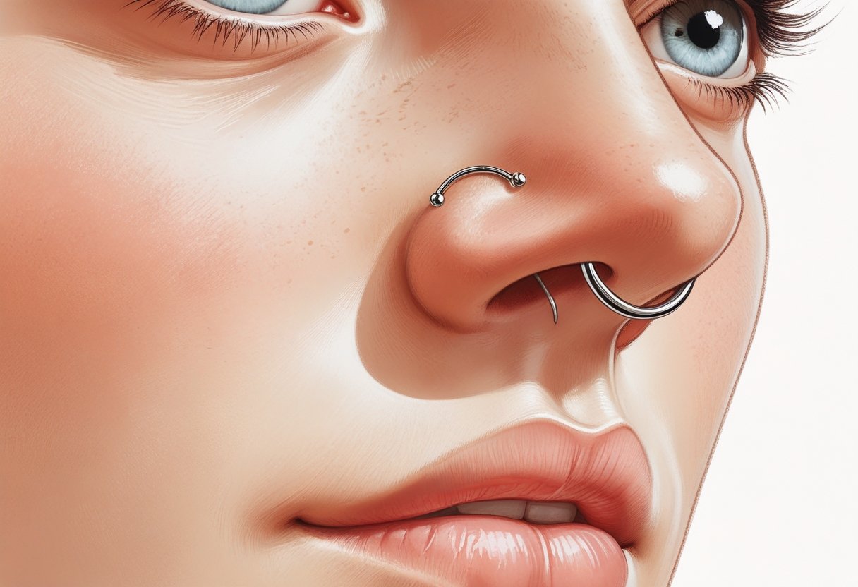 Piercing No Nariz Septo: Estilo, Cuidados e Tendências Ilustração detalhada de um nariz humano com um piercing no septo nasal, mostrando um aro pequeno na cartilagem entre as narinas.