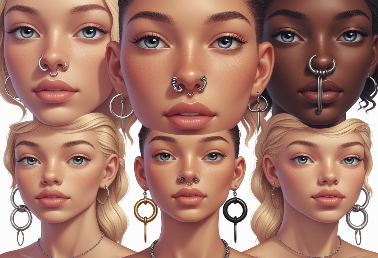 Piercing No Nariz Septo: Estilo, Cuidados e Tendências Várias pessoas com diferentes tipos e estilos de piercing no septo do nariz, mostrando close-ups dos piercings.