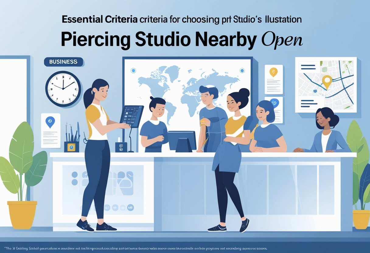 Piercing Perto de Mim Abertos Agora: Onde Encontrar Estúdios Confiáveis Recepção de um estúdio de piercing limpo e organizado com um profissional atendendo clientes, mostrando ambiente seguro e acolhedor.