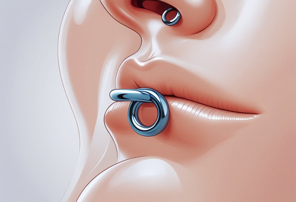 Piercing Umbigo Titânio: Benefícios, Cuidados e Estilo Close-up de um umbigo com um piercing de titânio brilhante inserido, mostrando detalhes do metal e da pele ao redor.