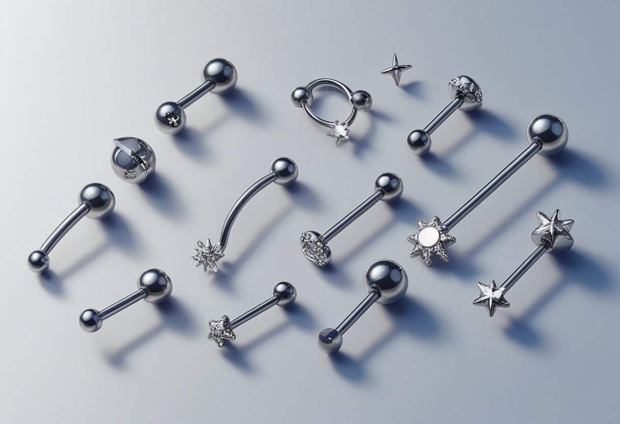 Piercing Umbigo Titânio: Benefícios, Cuidados e Estilo Vários modelos de piercings de umbigo em titânio exibidos sobre um fundo neutro, mostrando diferentes formatos e acabamentos metálicos brilhantes.