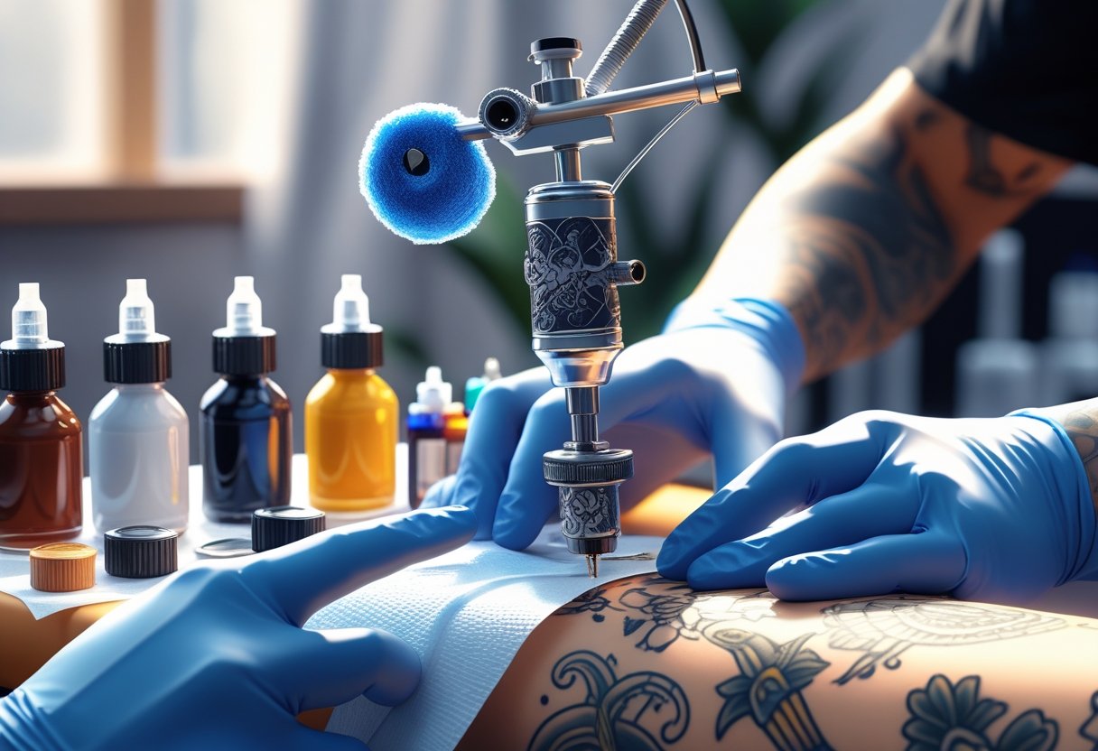 realistic tattoo: Guia Completo Para Estilo, Técnicas e Inspirações Mão de um tatuador segurando uma máquina de tatuagem, com frascos de tinta, agulhas e materiais de tatuagem ao redor em uma mesa organizada.
