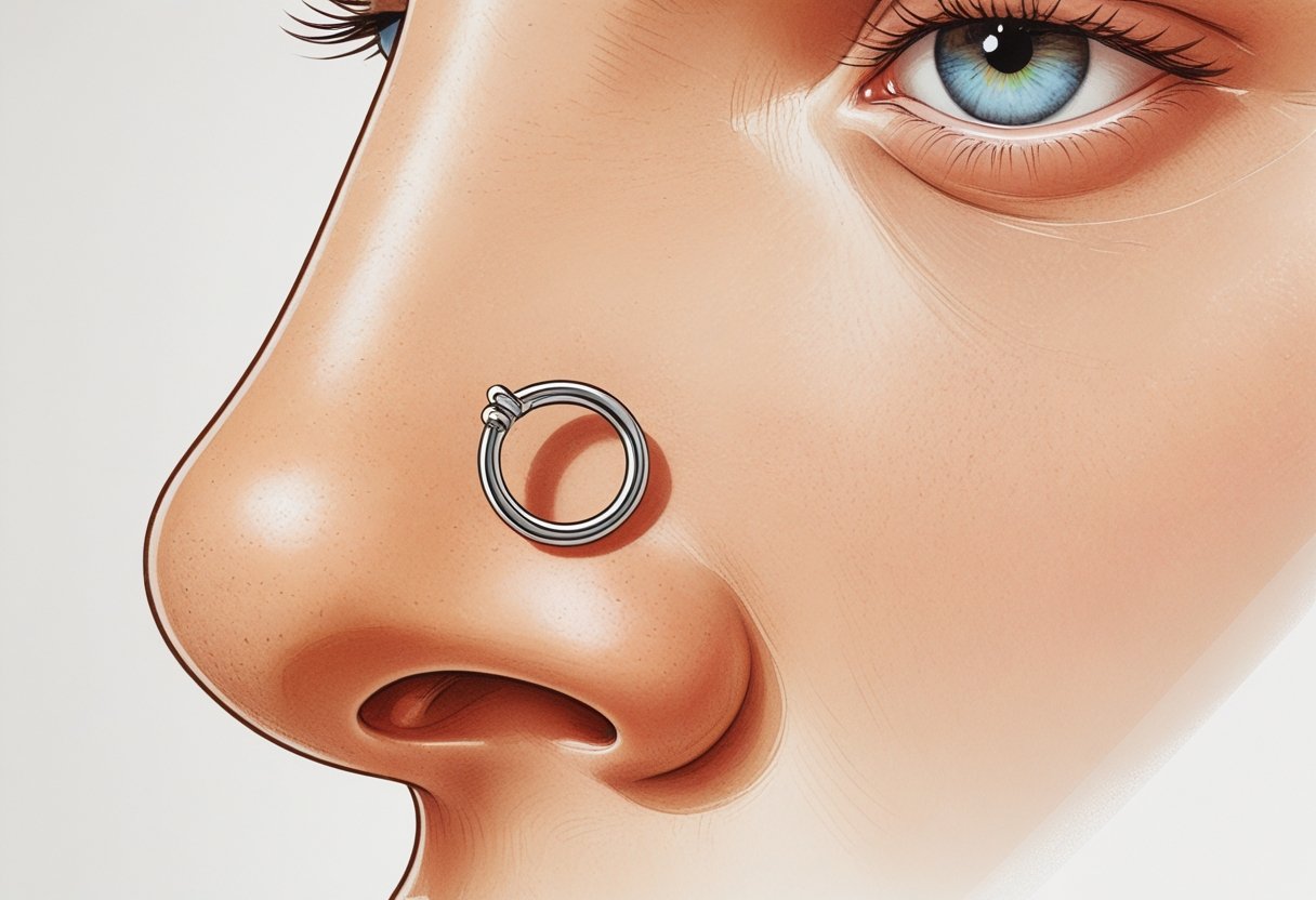 Septum Piercing Guia Completo de Estilo e Cuidados Close-up de um nariz humano com um piercing no septo, mostrando um anel pequeno e metálico atravessando a cartilagem entre as narinas.